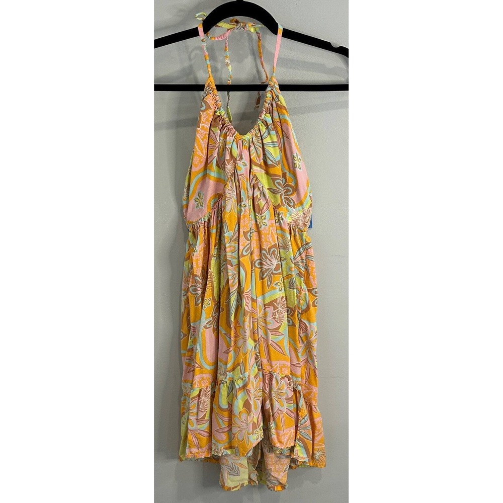 Roxy Mini Dress Halter Neck Baby Doll Style Orange Pink Blue Floral Print Ruffle